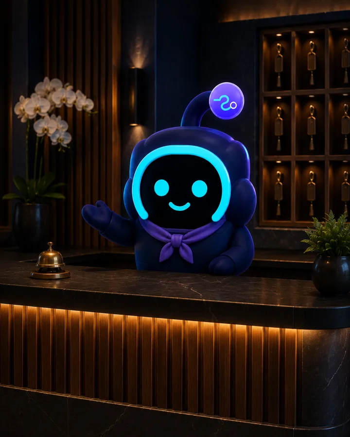 Sini atendiendo la recepción de un hotel